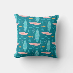 Mid Century Pink Catamaran - Blue Background Cushion
