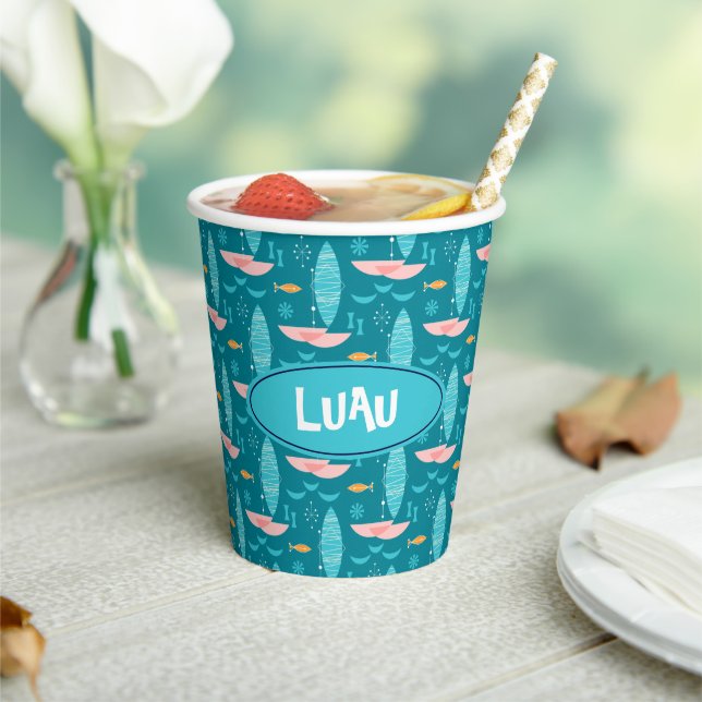 Mid Century Pink Catamaran - Blue Background Paper Cups (Insitu)