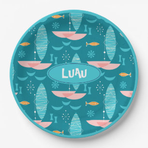Mid Century Pink Catamaran - Blue Background Paper Plate