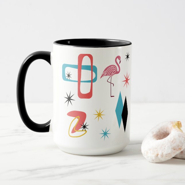 Mid Century Pink Flamingo Ovals Starburst Diamonds Mug (With Donut)
