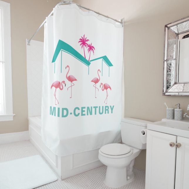 MID-CENTURY Pink Flamingos Shower Curtain (In Situ)