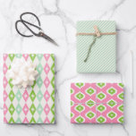 Mid Century Pink & Green Geometric Christmas Wrapping Paper Sheet<br><div class="desc">A fun and festive retro Christmas pattern inspired my mid-century modern design. 3 Designs included; a Diamond pattern,  stripes and ogee in bright shades of green.</div>