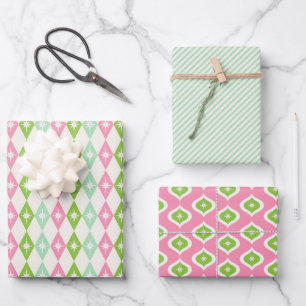 Mid Century Pink & Green Geometric Christmas Wrapping Paper Sheet