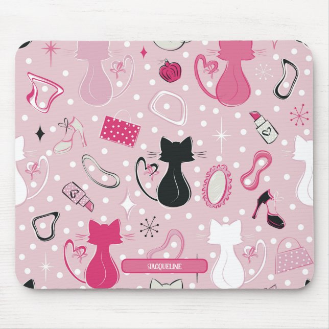 Mid Century Pink Heart Cats Mouse Pad (Front)