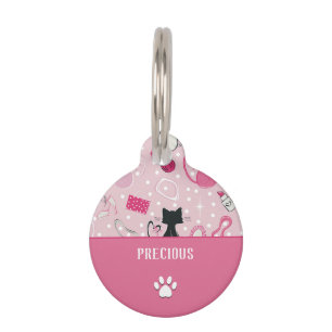 Mid Century Pink Heart Cats Pet Tag