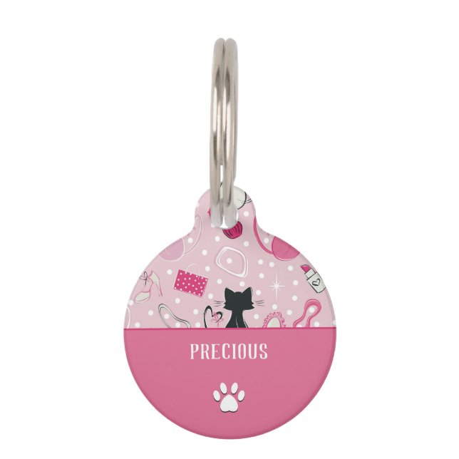 Mid Century Pink Heart Cats Pet Tag (Front)