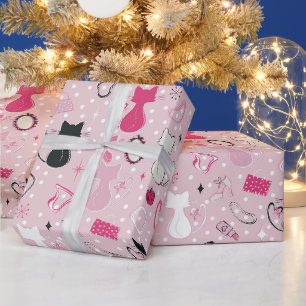 Mid Century Pink Heart Cats Wrapping Paper