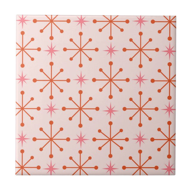 Mid Century Pink Orange Atomic Starbursts Pattern  Ceramic Tile (Front)