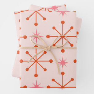 Mid Century Pink Orange Atomic Stars Pattern Wrapping Paper Sheet