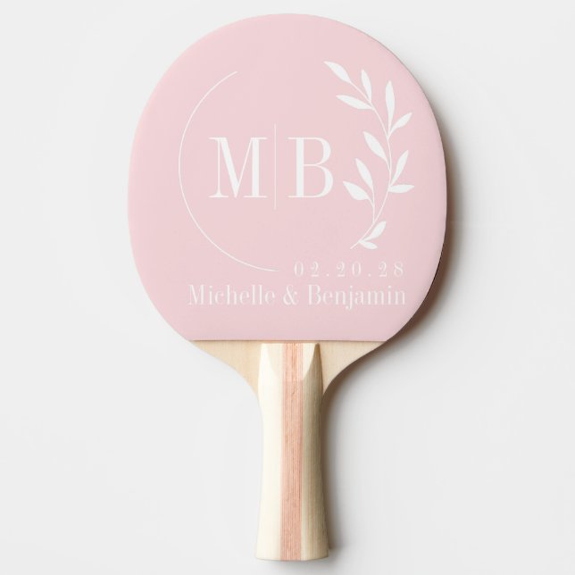 Mid-Century Pink Whisper Leaf Wedding Monogram Ping Pong Paddle (Front)
