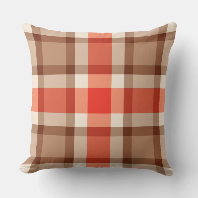 Mid-Century Plaid, Coral Orange, Brown & Tan Cushion (Front)