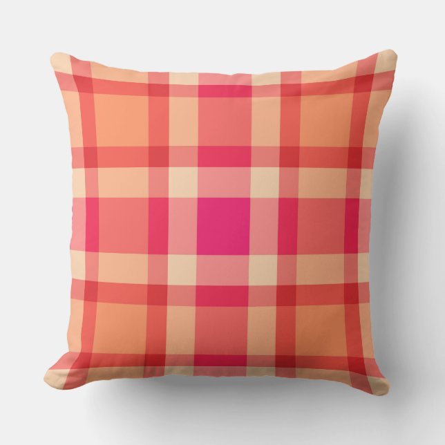 Mid-Century Plaid, Orange, Coral and Fuchsia Pink Cushion (Front)