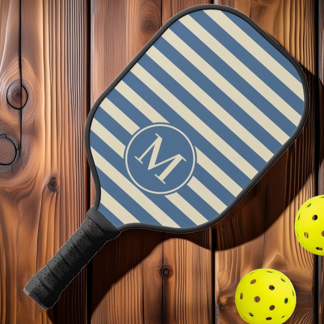 Mid-Century Polo Striped Capri Blue Monogram Pickleball Paddle (Creator Uploaded)