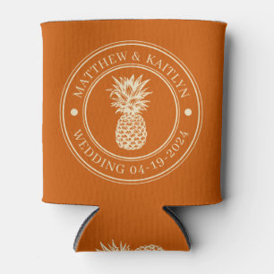 Mid-Century Pumpkin Pineapple Wedding Crest & Name Can Cooler