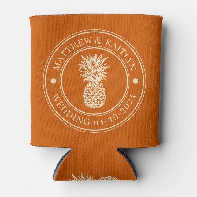 Mid-Century Pumpkin Pineapple Wedding Crest & Name Can Cooler (Front)