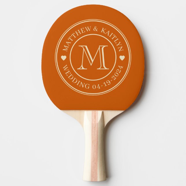 Mid-Century Pumpkin Wedding Monogram Heart Ping Pong Paddle (Front)