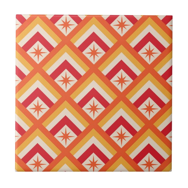 Mid Century Red Atomic Starbursts on Diamond Shape Ceramic Tile (Front)
