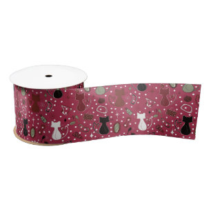 Mid Century Red Heart Cats Satin Ribbon