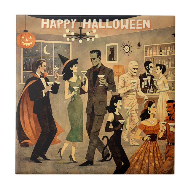 Mid Century Retro 40s Halloween Martini Party Ceramic Tile (Front)