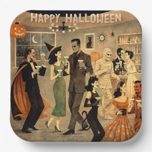 Mid Century Retro 40s Halloween Martini Party Paper Plate
