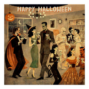 Mid Century Retro 40s Halloween Martini Party Poster