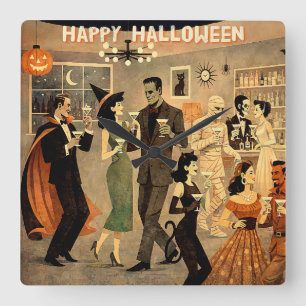 Mid Century Retro 40s Halloween Martini Party Square Wall Clock