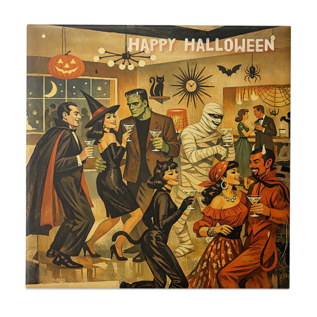 Mid Century Retro 50s Halloween Martini Party Ceramic Tile (Front)