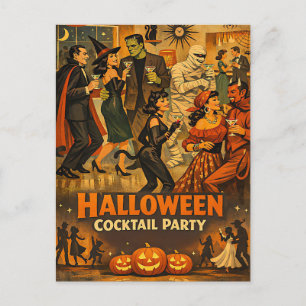 Mid Century Retro 50s Halloween Martini Party Postcard