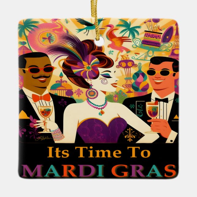 Mid Century Retro 60s Mardi Gras Cocktail Party Ceramic Ornament (Front)