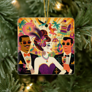 Mid Century Retro 60s Mardi Gras Cocktail Party Ceramic Ornament