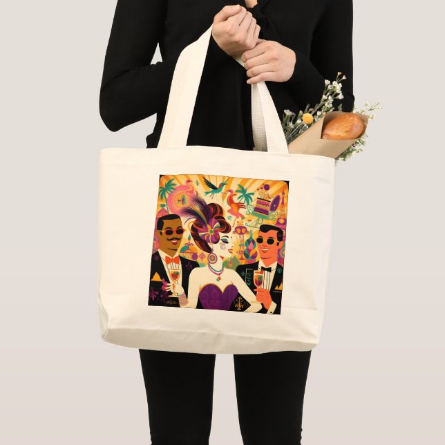 Mid Century Retro 60s Mardi Gras Cocktail Party Large Tote Bag (Front (Product))