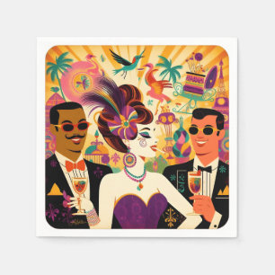 Mid Century Retro 60s Mardi Gras Cocktail Party Napkin
