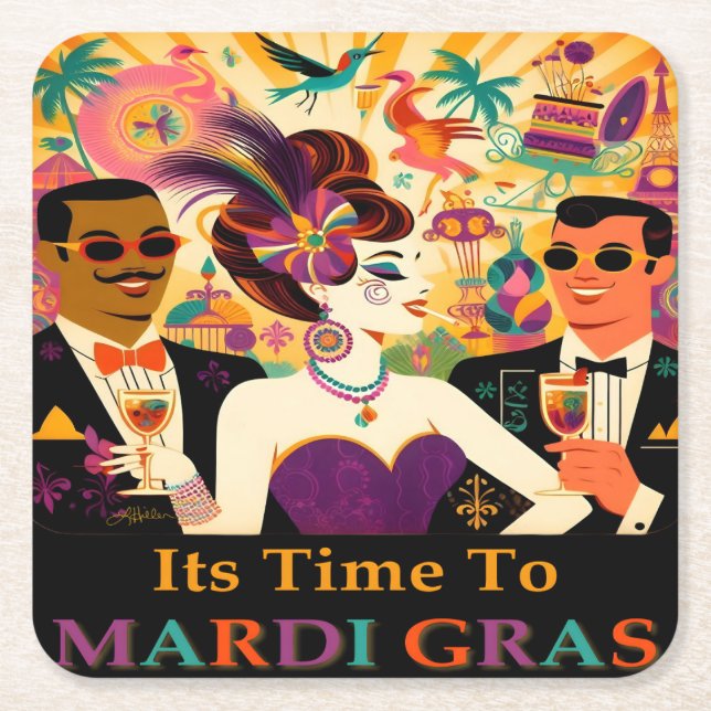 Mid Century Retro 60s Mardi Gras Cocktail Party Square Paper Coaster (Front)
