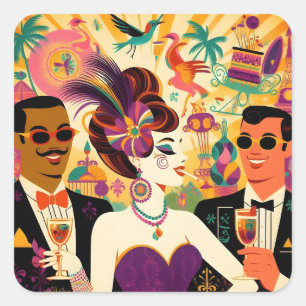 Mid Century Retro 60s Mardi Gras Cocktail Party Square Sticker