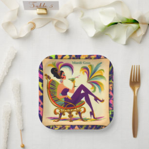 Mid Century Retro 60s Mardi Gras Martini Woman Paper Plate