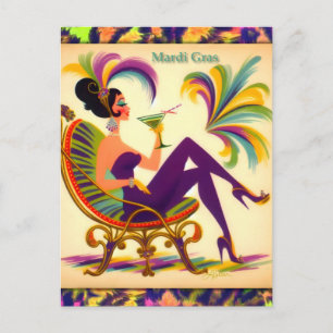 Mid Century Retro 60s Mardi Gras Martini Woman Postcard