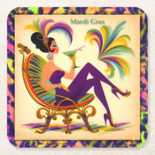 Mid Century Retro 60s Mardi Gras Martini Woman Square Paper Coaster