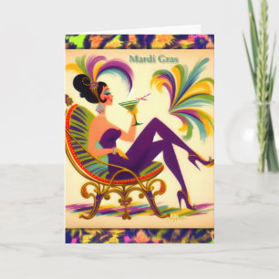 Mid Century Retro 60s Mardi Gras Martini Woman Thank You Card