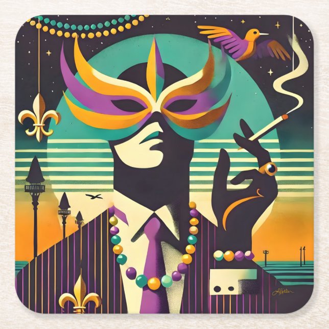 Mid Century Retro 60s Mardi Gras The Smoking Man Square Paper Coaster (Front)