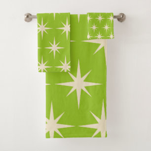 Mid Century Retro Atomic Stars Pattern on green Bath Towel Set