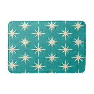 Mid Century Retro Atomic Stars Pattern on Teal Bath Mat