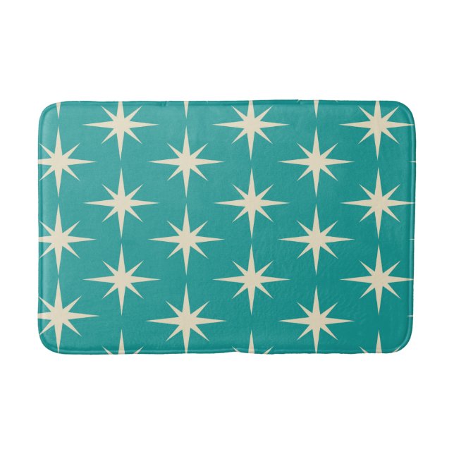 Mid Century Retro Atomic Stars Pattern on Teal  Bath Mat (Front)