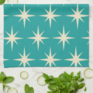 Mid Century Retro Atomic Stars Pattern on Teal Tea Towel