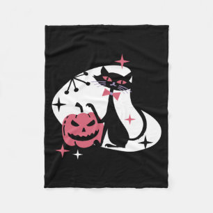 Mid Century Retro Black Cat Pumpkin Halloween Fleece Blanket