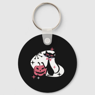 Mid Century Retro Black Cat Pumpkin Halloween Key Ring