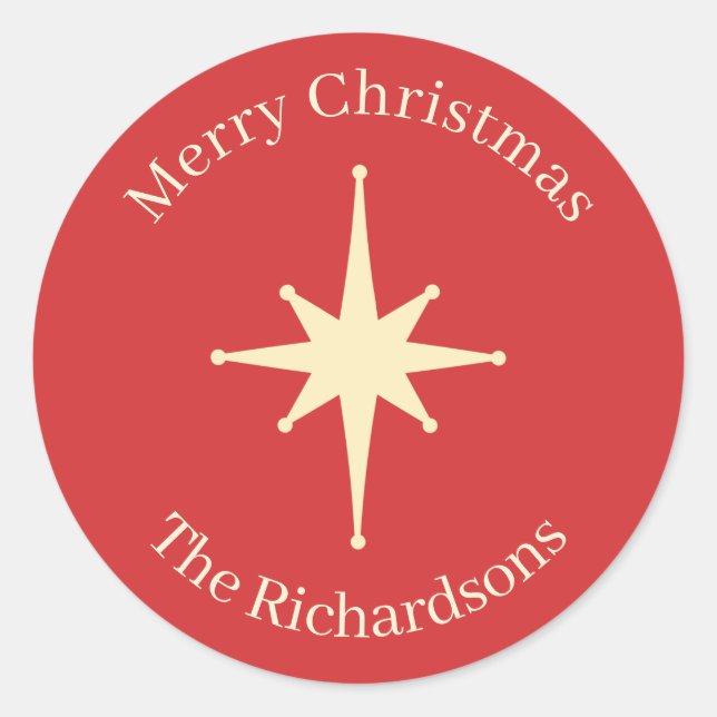 Mid Century Retro Christmas Star Personalised Classic Round Sticker (Front)