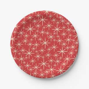 Mid-Century Retro Christmas Starbursts Pattern Red Paper Plate