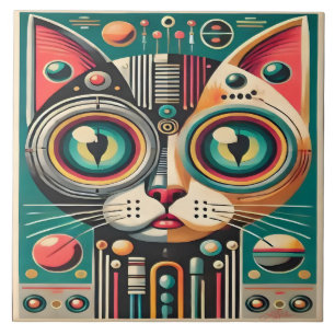 Mid Century Retro Futuristic Circuit Cat Ceramic Tile