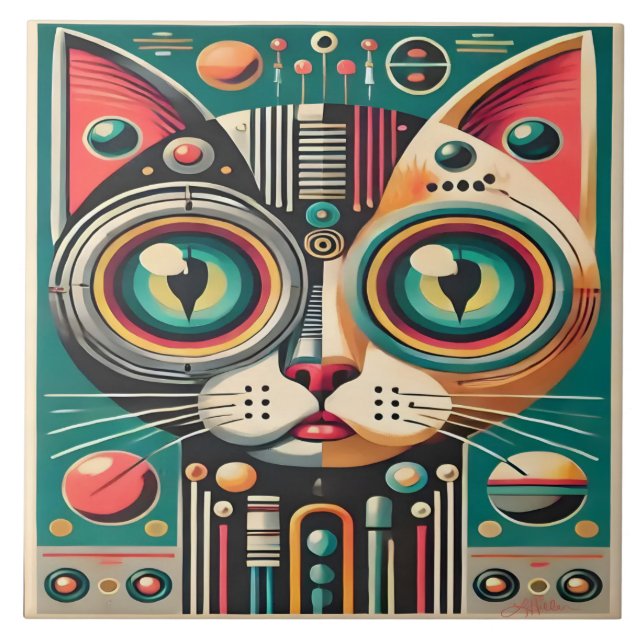 Mid Century Retro Futuristic Circuit Cat Ceramic Tile (Front)