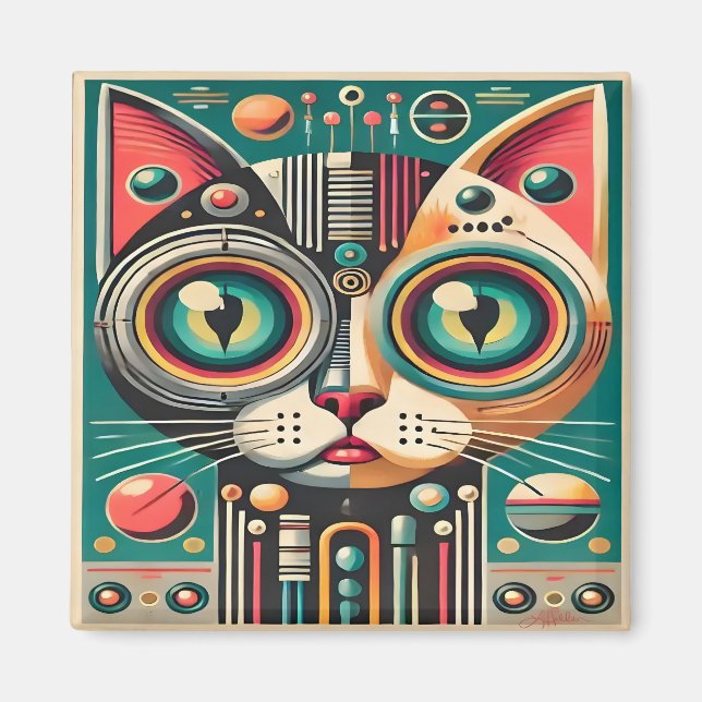 Mid Century Retro Futuristic Circuit Cat Magnet (Front)